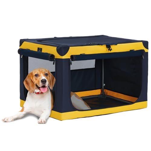 A 4 Pet Hundebox faltbar mittlere Hunde Auto Transportbox Hund Soft tragebar Hundebox für zuhause, leicht zu verstauen mit montiertem Aluminium Rahmen, einstellbare Kompatibilität (M, Gelb) von A 4 Pet