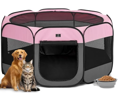 A 4 Pet Hunde-Laufstall für große Hunde, Tragbarer Haustier-Laufstall mit wasserdichter Unterseite & abnehmbarem Reißverschluss, Innen- und Außenbereich, mit Schale, Dunkelgrau und Rosa von A 4 Pet
