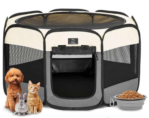 A 4 Pet Hunde-Laufstall für kleine Hunde, Tragbarer Haustier-Laufstall für Welpen/Katze/Kaninchen/Küken, Katzenlaufstall mit Reiseschüssel und wasserdichtem Boden, Innen- und Außenbereich, Dunkelgrau von A 4 Pet