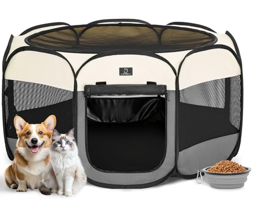 A 4 Pet Laufstall für Mittelgroße Hunde, Indoor/Outdoor mit Abnehmbarem Oberteil, Wasserdichte Unterseite, Zusammenklappbar, mit Schale, Dunkelgrau und Beige von A 4 Pet