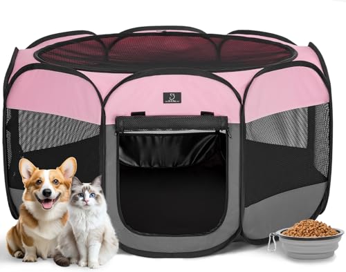 A 4 Pet Laufstall für Mittelgroße Hunde, Indoor mit Abnehmbarem Oberteil, Wasserdichter Boden, Zusammenklappbarer Hundegehege mit Schüssel, Dunkelgrau und Rosa von A 4 Pet