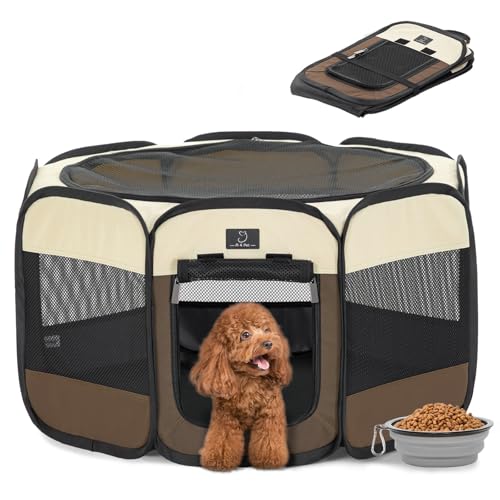 A 4 Pet Welpenauslauf Faltbar Welpenlaufstall für Hunde Katzen Tierlaufstall für Hundelaufstall mit Reisverschluss Oben Pop-Up Design Indoor & Outdoor Hundehütte für Wohnung, mit Klappbarem Napf von A 4 Pet