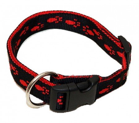 Hundehalsband, Wienerlock®, Soft Nylon, Schwarz, Rote Pfötchen, 25-35cm, 15mm, mit Zugentlastung von A. Hoffmann GmbH