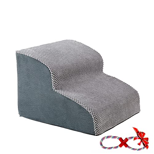 A.FATI Hundetreppe für Kleine Hunde | 2 Stufen Hunderampe aus hochdichtem Schaumstoff für Couch|Sofa, rutschfeste Haustiertreppe 30cm Hoch - mit Hundespielzeug Seil (grau) von A.FATI