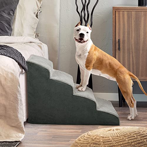 A.FATI Hundetreppe Bett, 4 Stufen Hunderampe aus hochdichtem Schaumstoff für Couch|Sofa|, rutschfeste Haustiertreppe 50cm Hoch für Kleine Hunde - mit Hundespielzeug Seil (grau) von A.FATI