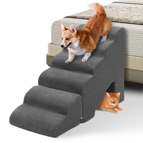 A.FATI Hundetreppe 60cm Hoch für Bett, 6 Stufen Hunderampe für Boxspringbett, rutschfeste Haustiertreppe/Rampe für kleine/verletzte Hunde, Katzen, Farbe in Dunkel Grau von A.FATI