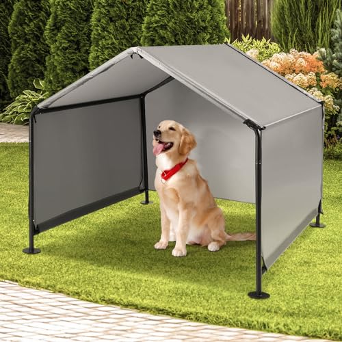 A.FATI Hundehütte Outdoor für Kleine bis Große Hunde, 125x125x110 cm, Wasserdicht Hundezelt mit Rückentür und künstlichen Weinreben, Hundeliege mit Dach für Hühner, Katzen, Farbe in Grau von A.FATI