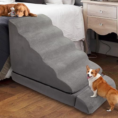 Hundetreppe für Hochbett, 71,1 cm Höhe, Schaumstoff-Hundetreppe & Stufen, Rampen für hohe Betten 63,5–76,2 cm, 6-stufige Hundetreppe für kleine Hunde und Katzen, rutschfeste, ausgewogene Hundetreppe für Hochbett, 71,1 cm Höhe, Schaumstoff-Hundetreppe & Stufen, Rampen für hohe Betten 63,5–76,2 cm, 6-stufige Hundetreppe für kleine Hunde und Katzen, rutschfeste, ausgewogene von A.FATI