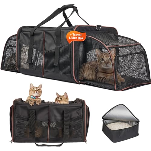 Katzentragetasche mit Katzentoilette, erweiterbare Katzentrage für 2 Katzen für Autoreisen, weiche Seiten Haustiertragetasche für Katzen und Hunde bis zu 13,6 kg, Schwarz von A.FATI