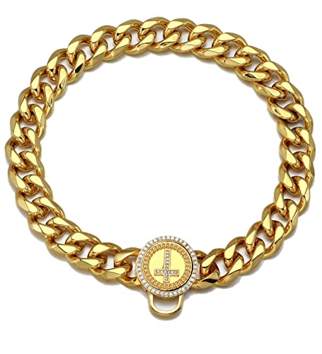 Goldfarbenes Halsband für Katzen, Welpen, 12 mm breit, Edelstahl, kaufest, kubanische Gliederkette, 1,27 cm Kette, Hip-Hop-Kreuz-Knopfschnalle von AAAbling