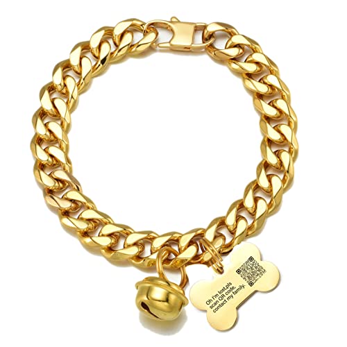 Halsband für Katzen und Hunde, 18 Karat Gold, breit, Edelstahl, verstellbar, 25,4 cm, kaufest, kubanische Gliederkette, 1,27 cm, Kette mit goldfarbenem Knochenanhänger, Glöckchen, personalisierbares Halsband für Katzen und Hunde, 18 Karat Gold, breit, Edelstahl, verstellbar, 25,4 cm, kaufest, kubanische Gliederkette, 1,27 cm, Kette mit goldfarbenem Knochenanhänger, Glöckchen, personalisierbares von AAAbling