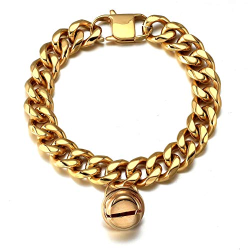 Hundehalsband, 18 Karat Gold, für Kätzchen, Welpen, Geschenk, breit, Edelstahl, niedlich, 13 mm, verstellbar, kaufest, kubanische Gliederkette, 13 mm Kette mit goldfarbener Glocke (35,6 cm (30,5 cm ~ Hundehalsband, 18 Karat Gold, für Kätzchen, Welpen, Geschenk, breit, Edelstahl, niedlich, 13 mm, verstellbar, kaufest, kubanische Gliederkette, 13 mm Kette mit goldfarbener Glocke (35,6 cm (30,5 cm ~ von AAAbling