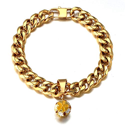 Hundehalsband, 18 Karat Gold, für Kätzchen, Welpen, breit, Edelstahl, kaufest, kubanische Gliederkette, 1,27 cm Kette mit gelber Blume, Kleeblattglocke (Halsumfang 20,3 cm - 25,4 cm) von AAAbling