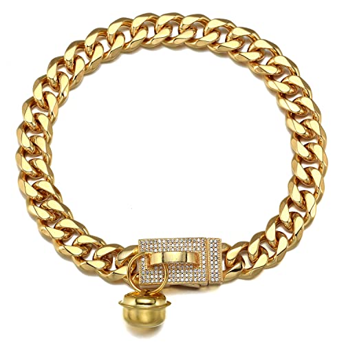 Hundehalsband, 18 Karat Gold, für Kätzchen, Welpen, breit, Edelstahl, kubischer Zirkonia, kaufest, kubanische Gliederkette, 1,27 cm Kette mit goldfarbener Glocke von AAAbling