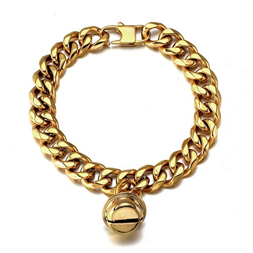 Hundehalsband, 18 Karat Gold, für Kätzchen, Welpen, breit, Edelstahl, verstellbar, kaufest, kubanisches Glied, Geschenk, 1,27 cm Kette mit goldfarbener Glocke, personalisierbar Hundehalsband, 18 Karat Gold, für Kätzchen, Welpen, breit, Edelstahl, verstellbar, kaufest, kubanisches Glied, Geschenk, 1,27 cm Kette mit goldfarbener Glocke, personalisierbar von AAAbling