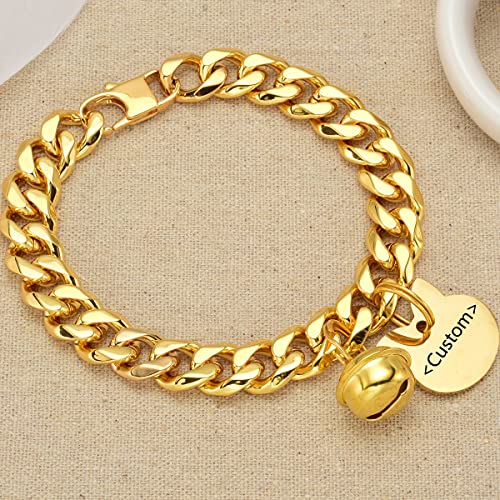 Hundehalsband, für Kätzchen, Welpen, breit, Edelstahl, verstellbar, kaufest, kubanische Gliederkette, 1,27 cm Kette mit goldenem Herzanhänger, Glöckchen, personalisierbar, Qrcode-ID-Tag von AAAbling