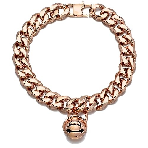 Hundehalsband, für Katzen, Welpen, breit, Edelstahl, verstellbar, kaufest, kubanische Gliederkette, 1,27 cm Kette mit rotgoldener Glocke, personalisierbares Etikett Hundehalsband, für Katzen, Welpen, breit, Edelstahl, verstellbar, kaufest, kubanische Gliederkette, 1,27 cm Kette mit rotgoldener Glocke, personalisierbares Etikett von AAAbling