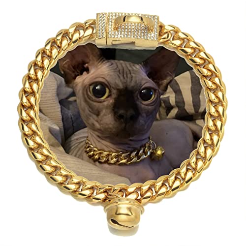 Hundehalsband für Katzen, 18 Karat Gold, breit, Edelstahl, Kätzchen-Choker, kubischer Zirkonia, kaufest, kubanische Gliederkette, 10 mm Kette mit goldfarbener Glocke von AAAbling