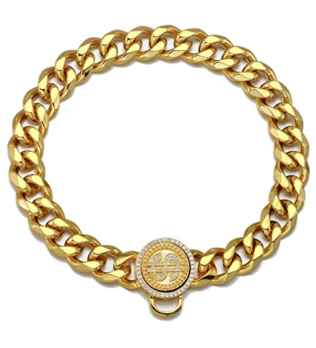 Hundehalsband für Katzen, Welpen, 12 mm/19 mm breit, Edelstahl, verstellbar, kaufest, kubanische Gliederkette, Hip-Hop-Kette mit 18 Karat Gold-Herzanhänger, individuelle Dollar-Schnalle von AAAbling