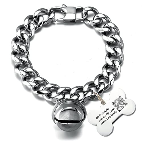 Hundehalsband für Katzen, breit, Edelstahl, verstellbar, kaufest, kubanische Gliederkette, 1,27 cm, mit goldfarbenem Knochenmarke, Glöckchen, personalisierbar, Qrcode-ID-Tag von AAAbling