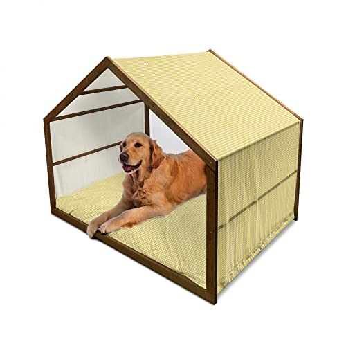 ABAKUHAUS Abstrakt Hundehütte aus Holz, Sommer Squares, tragbare Hundehütte für drinnen und draußen mit Kissen und Abdeckung, 90 cm x 127 cm, Gelb Weiss von ABAKUHAUS