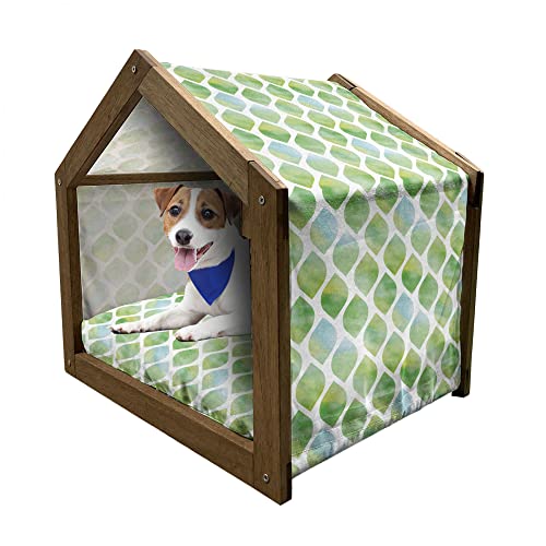 ABAKUHAUS Aquarell Hundehütte aus Holz, Grafische Formen Drucken, tragbare Hundehütte für drinnen und draußen mit Kissen und Abdeckung, 45 cm x 60 cm, Farn-Grün-Blau von ABAKUHAUS