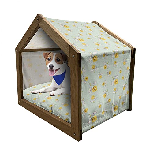 ABAKUHAUS Bees Hundehütte aus Holz, Glückliche Blumenherz-Karikatur, tragbare Hundehütte für drinnen und draußen mit Kissen und Abdeckung, 55 cm x 75 cm, Pale Green Earth Gelb von ABAKUHAUS