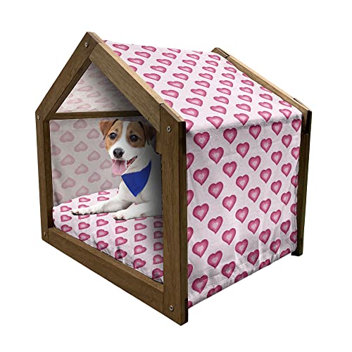 ABAKUHAUS Blassrosa Hundehütte aus Holz, Herz-Cartoon, tragbare Hundehütte für drinnen und draußen mit Kissen und Abdeckung, 72 cm x 100 cm, Magenta Pale Pink von ABAKUHAUS
