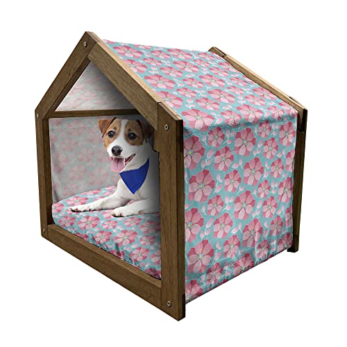 ABAKUHAUS Blau und Pink Hundehütte aus Holz, Zusammenfassung Petals, tragbare Hundehütte für drinnen und draußen mit Kissen und Abdeckung, 45 cm x 60 cm, Sea Blue Rosa von ABAKUHAUS