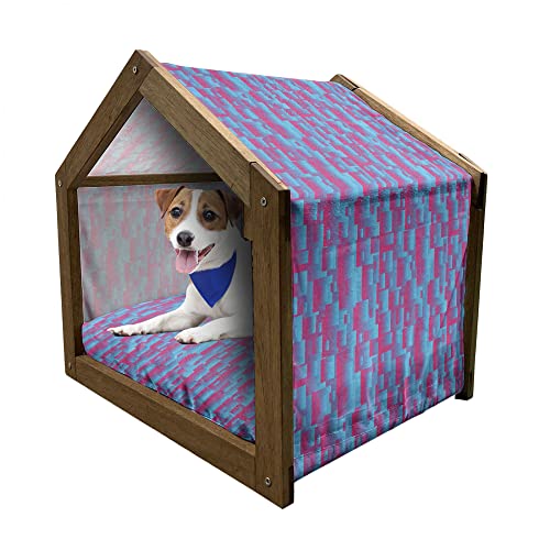 ABAKUHAUS Blau und Pink Hundehütte aus Holz, modernes Quadrat, tragbare Hundehütte für drinnen und draußen mit Kissen und Abdeckung, 45 cm x 60 cm, Hot Pink Sky Blue von ABAKUHAUS