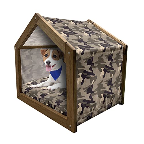 ABAKUHAUS Camo Hundehütte aus Holz, Erdtöne Tarnung, tragbare Hundehütte für drinnen und draußen mit Kissen und Abdeckung, 55 cm x 75 cm, Taupe Dark Tan von ABAKUHAUS