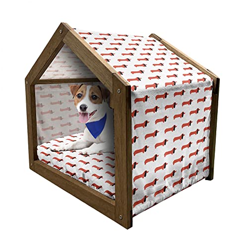 ABAKUHAUS Dackel Hundehütte aus Holz, Bicolor Abstrakt Hunde, tragbare Hundehütte für drinnen und draußen mit Kissen und Abdeckung, 55 cm x 75 cm, Vermilion Koksgraue von ABAKUHAUS