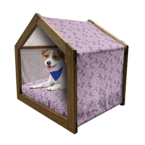 ABAKUHAUS Einhorn Hundehütte aus Holz, Polygonal Monochrom-Layout, tragbare Hundehütte für drinnen und draußen mit Kissen und Abdeckung, 45 cm x 60 cm, Lila Blau Violett von ABAKUHAUS