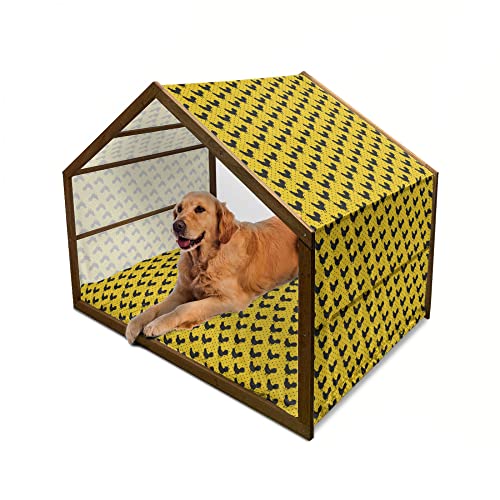 ABAKUHAUS Ethnisch Hundehütte aus Holz, Bohemian Triangles, tragbare Hundehütte für drinnen und draußen mit Kissen und Abdeckung, 90 cm x 127 cm, Grau Gelb Blush von ABAKUHAUS