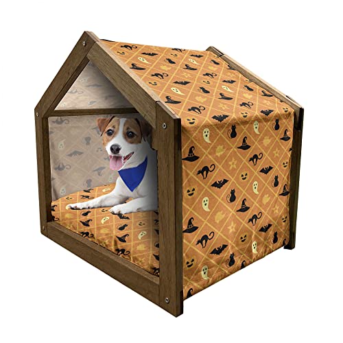 ABAKUHAUS Geist Hundehütte aus Holz, Katzen-Hut-Schläger Blätter Kürbis, tragbare Hundehütte für drinnen und draußen mit Kissen und Abdeckung, 45 cm x 60 cm, Orange Schwarz Blassgelb von ABAKUHAUS