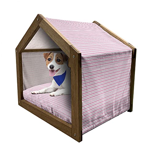 ABAKUHAUS Geometrisch Hundehütte aus Holz, Moderne gestreifte Kunst, tragbare Hundehütte für drinnen und draußen mit Kissen und Abdeckung, 45 cm x 60 cm, Weiß-Rosa-Grau von ABAKUHAUS