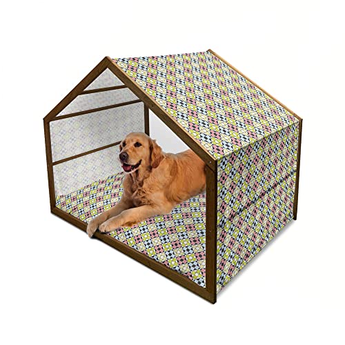 ABAKUHAUS Geometrisch Hundehütte aus Holz, Modernes Quadrat in Rhombus, tragbare Hundehütte für drinnen und draußen mit Kissen und Abdeckung, 90 cm x 127 cm, Koksgraue Multicolor von ABAKUHAUS
