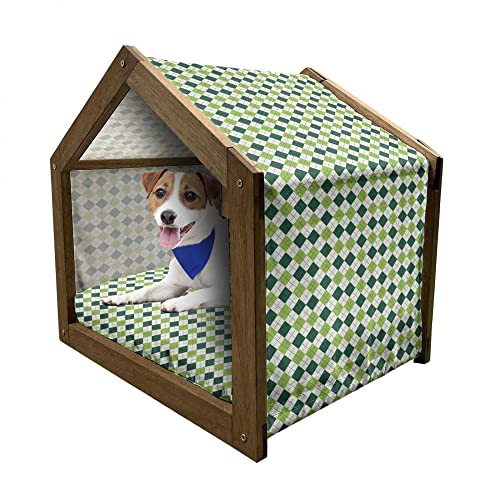 ABAKUHAUS Geometrisch Hundehütte aus Holz, Weinlese-Diamant-Linie, tragbare Hundehütte für drinnen und draußen mit Kissen und Abdeckung, 45 cm x 60 cm, Lime Green Dark Green von ABAKUHAUS