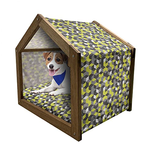 ABAKUHAUS Grau und Gelb Hundehütte aus Holz, Moderne Box Cubes, tragbare Hundehütte für drinnen und draußen mit Kissen und Abdeckung, 45 cm x 60 cm, Senfgelb von ABAKUHAUS