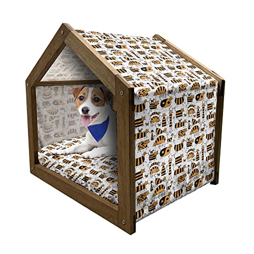ABAKUHAUS Kätzchen Hundehütte aus Holz, Gestreifte Katzen Familie, tragbare Hundehütte für drinnen und draußen mit Kissen und Abdeckung, 72 cm x 100 cm, Orange Koksgraue von ABAKUHAUS