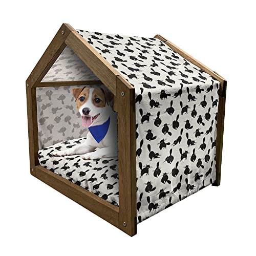 ABAKUHAUS Katze Hundehütte aus Holz, Lustige Haustierschattenbilder, tragbare Hundehütte für drinnen und draußen mit Kissen und Abdeckung, 55 cm x 75 cm, beige Schwarz von ABAKUHAUS