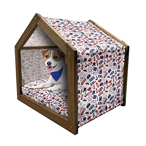 ABAKUHAUS London Hundehütte aus Holz, Vereinigtes Königreich Land, tragbare Hundehütte für drinnen und draußen mit Kissen und Abdeckung, 55 cm x 75 cm, Royal Blue, Rot, Weiß von ABAKUHAUS