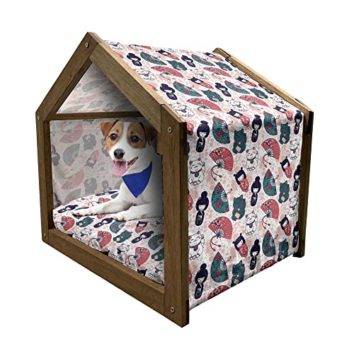ABAKUHAUS japanische Katze Hundehütte aus Holz, Luck Items Pattern, tragbare Hundehütte für drinnen und draußen mit Kissen und Abdeckung, 45 cm x 60 cm, Blush Multicolor von ABAKUHAUS