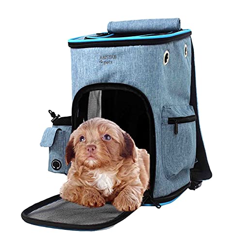 ABISTAB Pets robuster Faltbarer Rucksack Haustier Transportbox Hunde und Katze Tragetasche bis 5kg, Atmungsaktive Netz mit Komfort und Sicherheit (Deminblau) von ABISTAB