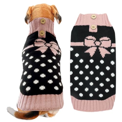 ABRRLO Hunde-Pullover mit Schleifenkrawatte – Punkt Rollkragen-Pullover, klassischer Strick, Wintermantel für Hunde, Kälteschutzkleidung für kleine und mittlere Hunde, Katzen, Welpen und Mädchen,XS von ABRRLO