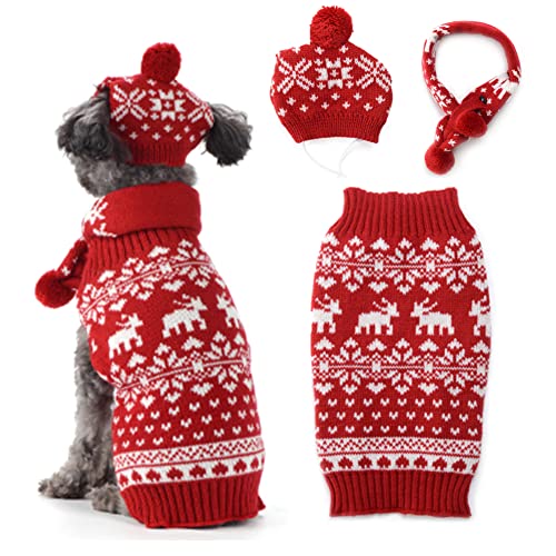 ABRRLO Hunde Weihnachten Pullover Schalmütze Set Dog Christmas Sweater Haustier Hund Weihnachtspullover Hundepullover Rotes Rentier Warmer Winter (L, Rot) von ABRRLO