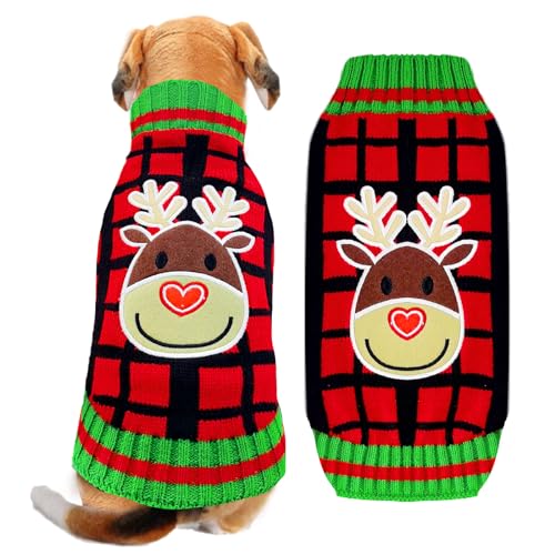 ABRRLO Weihnachten Hund Pullover hässlich Vintage Stricken Plaid Xmas Rentier Urlaub Festliche Hund Pullover Kleidung für kleine mittlere große Hunde Katze(Rentier,L) von ABRRLO