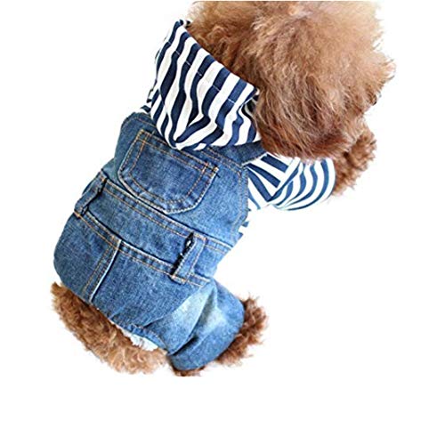 Abrlo Jeans für Hunde und Katzen, gestreift, Blau und Rot, Kleidung mit Kapuze, Mantel für kleine oder mittelgroße Hunde und Katzen von ABRRLO