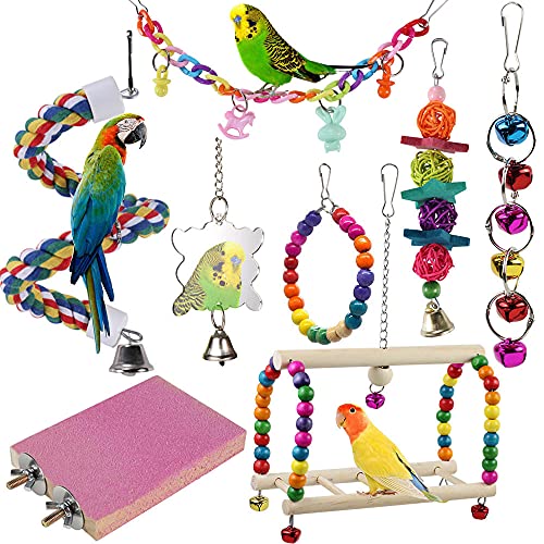 8 Stück Bunten Vogelspielzeug, Bunte Holzperlen, Glocken und Hängematte, zum Aufhängen, Kauspielzeug für kleine Sittiche, Nymphensittiche, Sittiche, Finken, Aras, Papageien, Lovebird von ACEONE