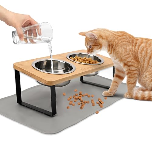 ACEONE ACEONE Erhöhte Katzennäpfe mit rutschfester Matte, um 15 ° geneigt, erhöhter Anti-Erbrochen-Futterspender für Futter und Wasser, Haustier-Futterstation mit 2 Edelstahlnäpfen (M-Schüssel) von ACEONE